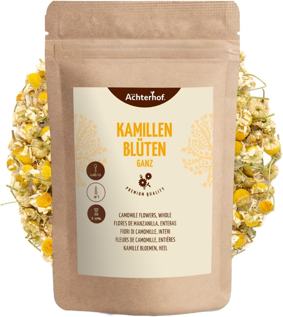 Fleurs de camomille 500g - entières et séchées - tisane de camomille de fleurs entières - 100% naturelle - goût légèrement amer et doux - sans additifs - vom Achterhof 500 g (Lot de 1)
