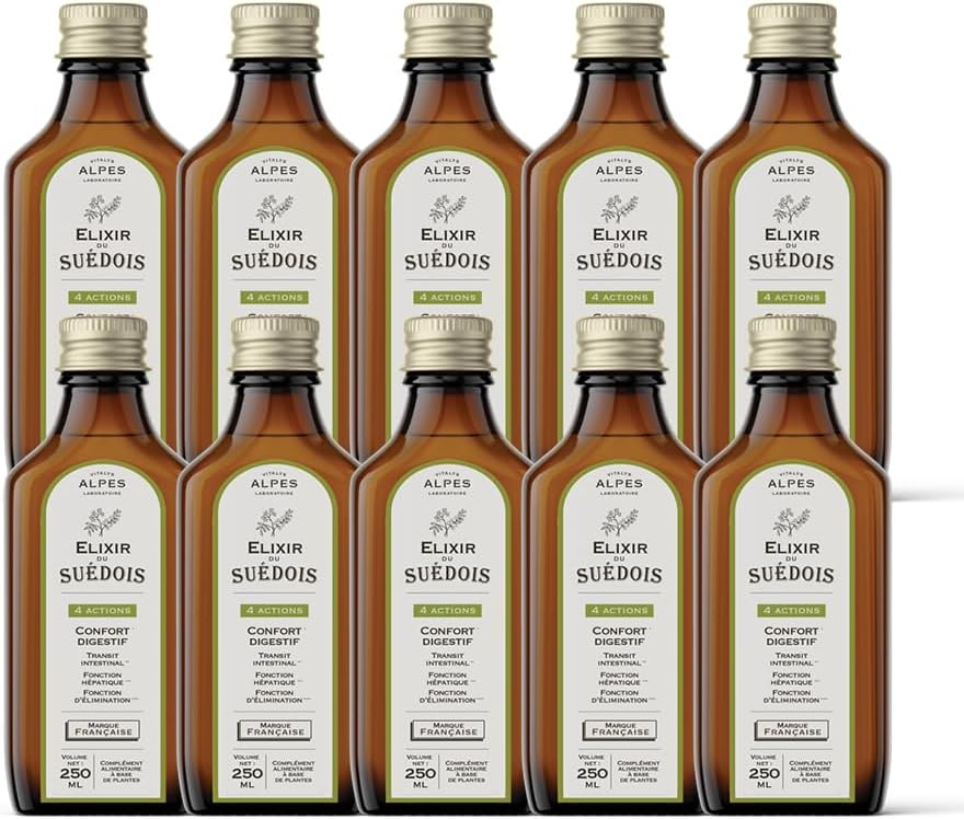 Élixir du Suédois - 250 ml - recette authentique de Maria Treben - Détoxification - Digestion et transit - Formule liquide 31 plantes - Vitalys Alpes (Lot de 10)