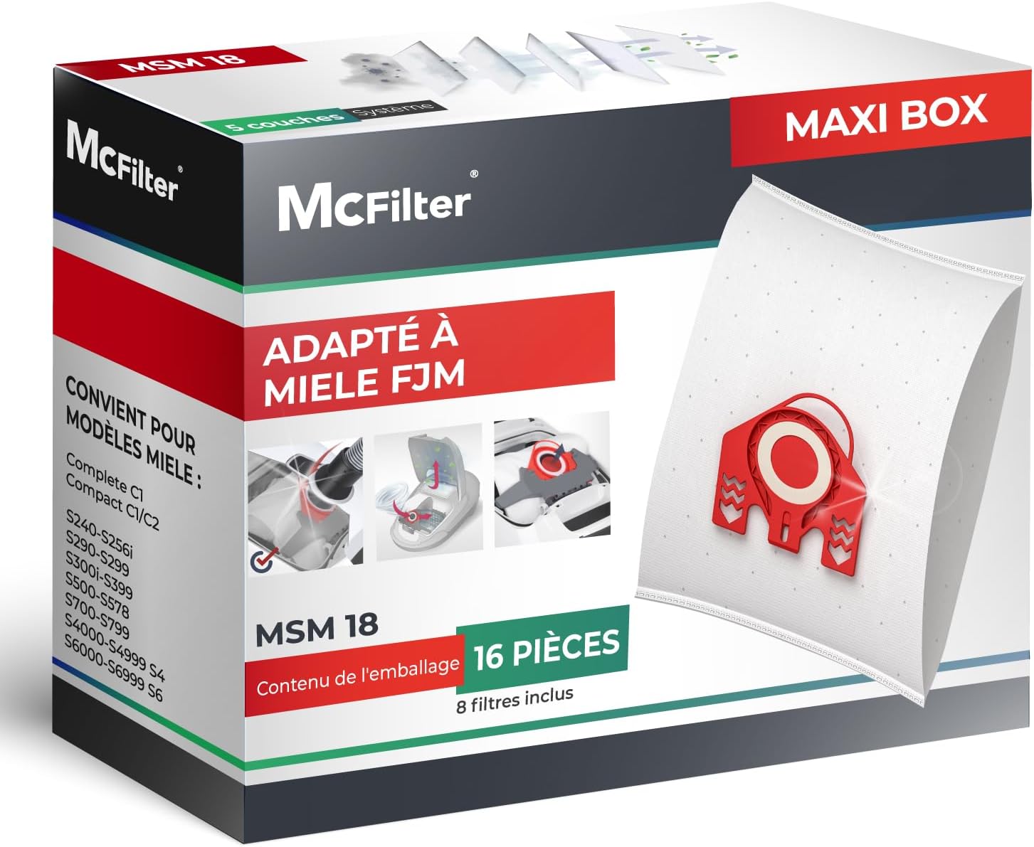 McFilter I 16 sacs à poussière compatibles avec Miele FJM série S2 S3 S4 S5 S6 S7, Complete C1, Compact C1/C2 I Sacs à poussière avec 8 filtres autobloquants I MAXI BOX