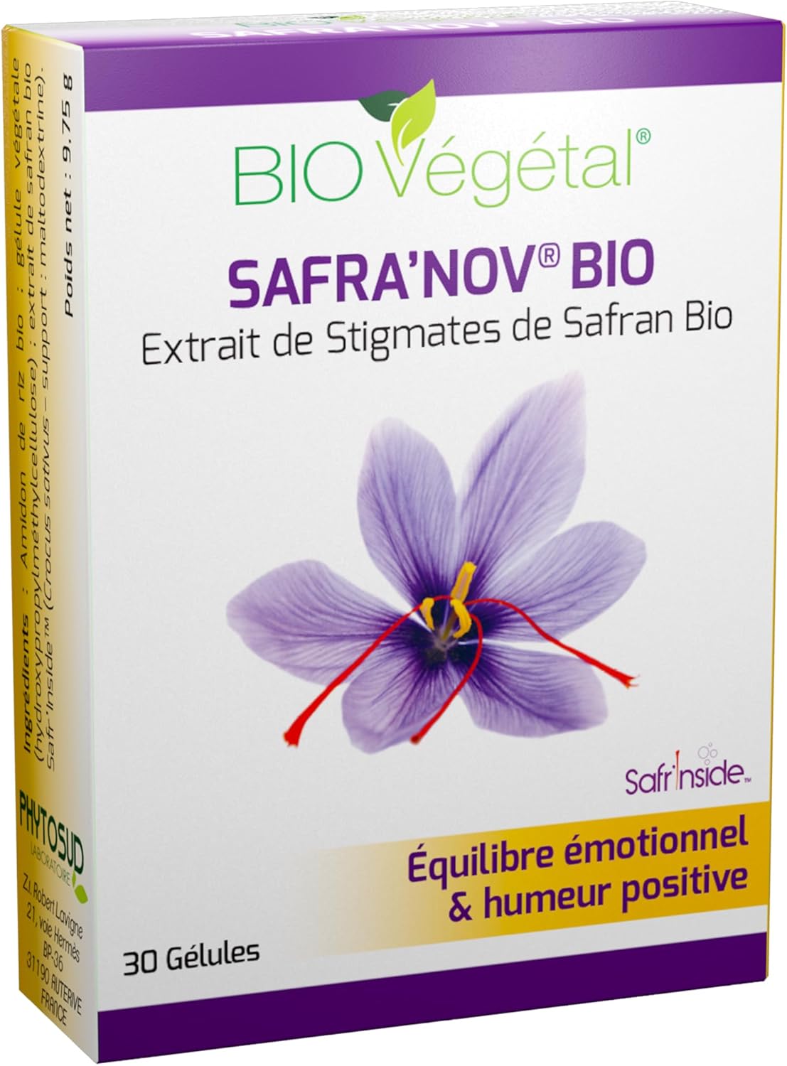 Phyto Sud Safra'Nov® BIO - Extrait de Safran Bio pour l'Équilibre Émotionnel, une Humeur Positive et pour la Relaxation - Procédé d'Extraction Breveté - 1 Mois de Cure de Safran - Fabriqué en France Blanc 1 unité (Lot de 1)