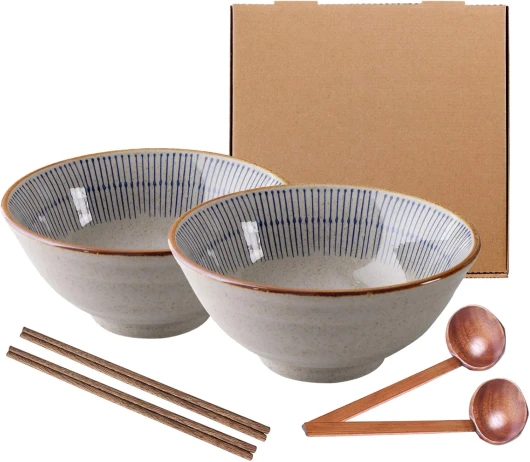 SDFVSDF 2X Bol De Ramen en Céramique Japonaise, Cadeau créatif Bols à Ramen rétro avec Baguettes et cuillères, pour Micro-Ondes, pour Salade de Fruits, légumes, Nouilles - 1100 ML (2)