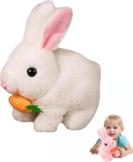 Générique Jouet Lapin Réaliste, 2025 Nouveau Lapin Peluche Interactif, avec des Carottes, Lapin avec Son, Mouvement Et Marche, Cadeaux De Pâques pour Enfants (Blanc)