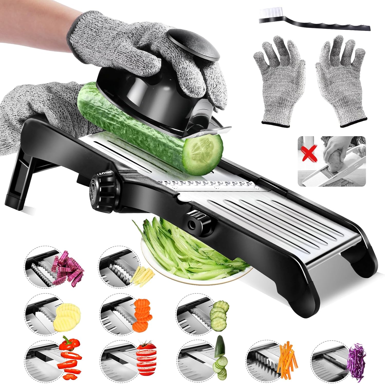 Mandoline de Cuisine Professionnelle en Inox, Coupe Legumes Multifonctions avec Epaisseur de Tranche Réglable, Mandoline Japonaise avec Gants et Brosse à Dents, pour Tranche et Julienne Mandoline 300014fr