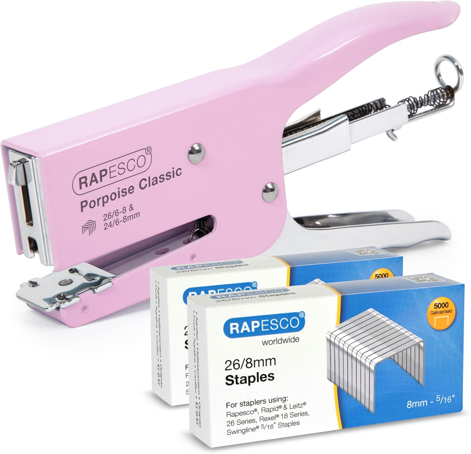 1356A Pince Agrafeuse Classique Porpoise avec 10.000 Agrafes de type 26/8 mm, Capacité de 45 Feuilles, Rose Pastel Chrome et Rose Pastel