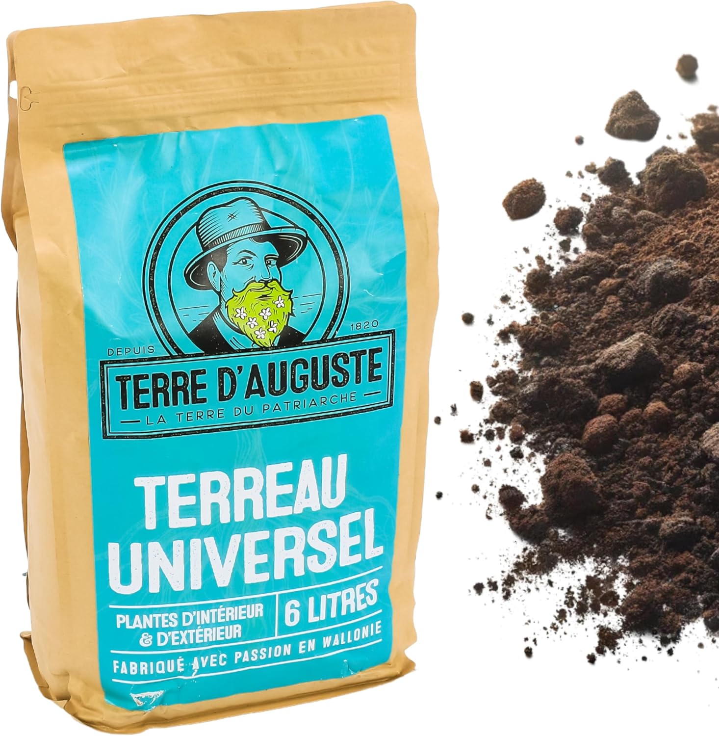 Terre d'Auguste - Terreau Universel 6L - pour Plantes d'Intérieur, Gazon, Plantes Vertes - Sac Refermable, Qualité Supérieure