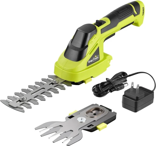 Taille Haie Batterie Electrique Mini Taille-Herbes sans Fil avec Batterie 8V Cisailles à Gazon Sculpte-Haies 2 en 1 - Autonomie: 60 Min, Longueur de Lame: 14 cm(Arbustes) / 8 cm(Herbe)