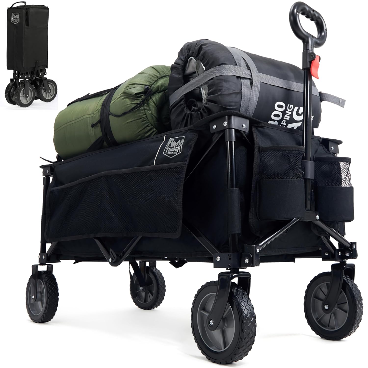 TIMBER RIDGE Chariot de Plage Pliable à roulettes Tout Terrain, Chariot de Jardin Poignée Réglable Charrette pour Extérieur Camping Pique-Nique BBQ Match Support 100kg Roue Normale Noir
