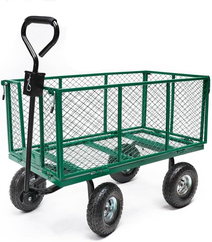 Chariot de Jardin 4 Roues 300 Kg - Benne XXL 200 L - Chariot Pliable en Acier - Fonction Plateforme de Transport - Chariot Remorque avec Attelage Tracteur Tondeuse - Pneus Gonflables Profilés 27 cm
