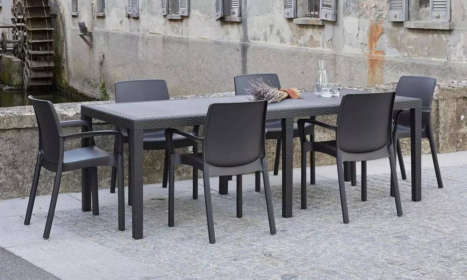Dmora Table d'extérieur rectangulaire extensible, Made in Italy, couleur anthracite, Dimensions 150 x 72 x 90 cm (extensible jusqu'à 220 cm) Rotin Extensible Anthracite