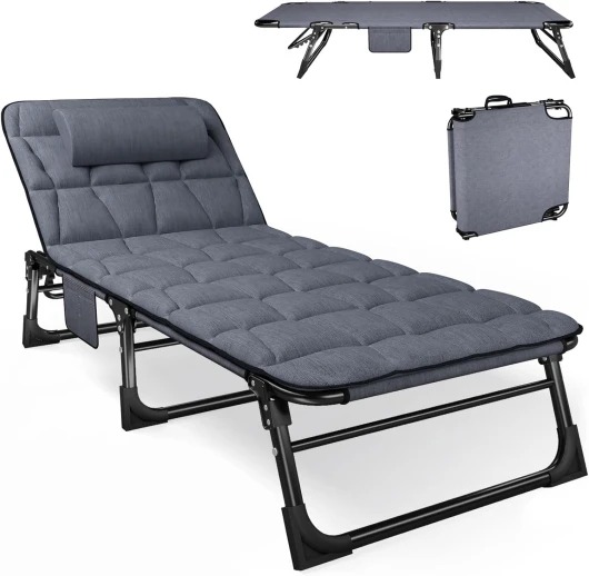 Bain de Soleil avec Dossier 5 pos réglable, lit de Camping Multi-usages Portable et Chaise Longue inclinable pour Jardin/Piscine/Terrasse, Matelas rembourré et Oreiller - Bleu