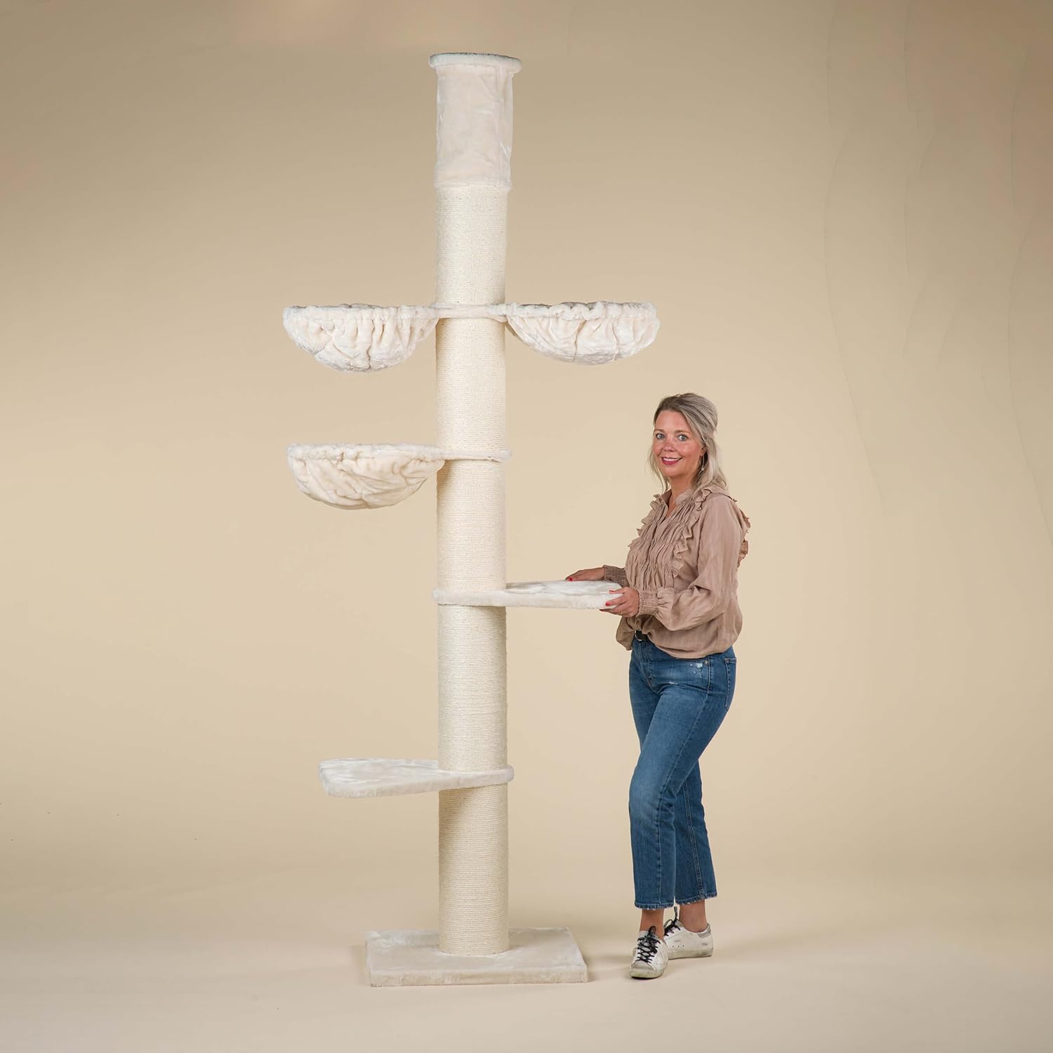 Arbres à Chat RHRQuality pour Grands Chats - Maine Coon Tower Plus - 245 à 265 cm de Haut - avec poteaux en sisal Extra épais de 20 cm - Crème