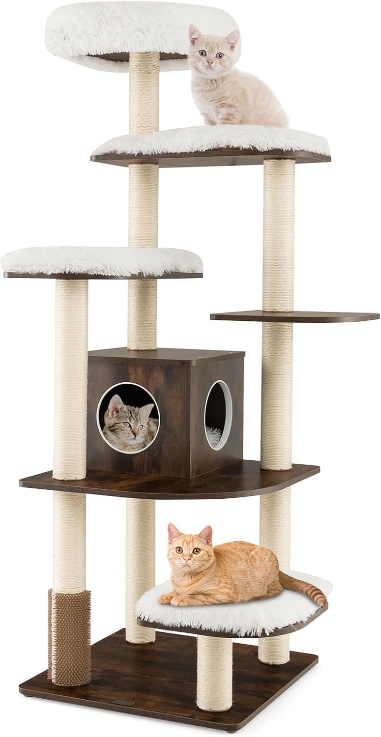 Arbre a Chat en Bois, 87 x 87 x 175 CM, 6 Niveaux, Arbre a Chat XXL avec Plateformes, Coussins Confortables, Poteaux en Sisal, Niche pour Couchage, Conception Anti-Bascule, Brun+Naturel