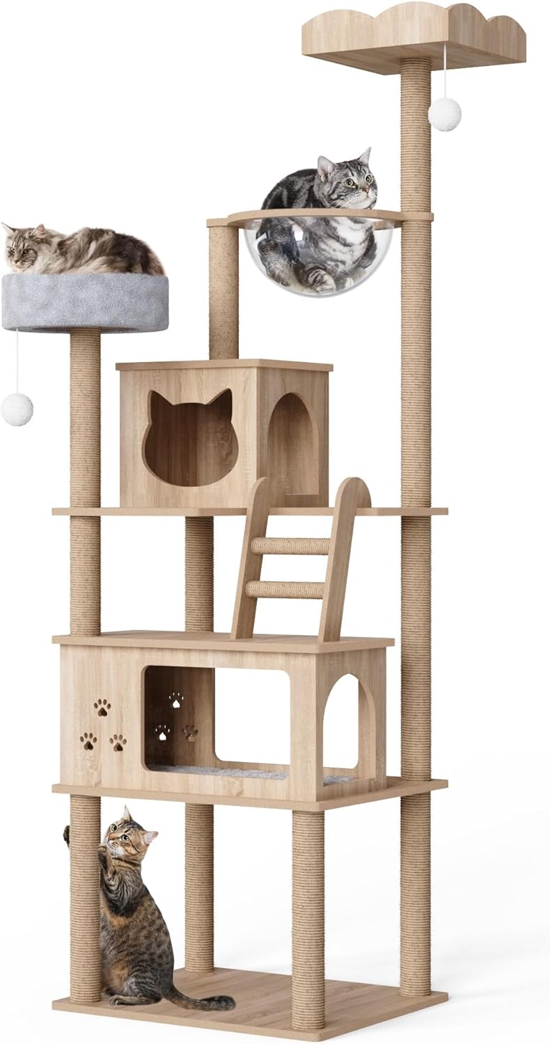 Arbre à Chat en Bois, 2 Maisons et 7 Plateformes pour Les Chats Geants, avec Coussins en Peluche Amovibles et Cabine Spatiale Transparente, Style Moderne, 82 × 70 × 185 CM Beige 82 × 70 × 185 CM