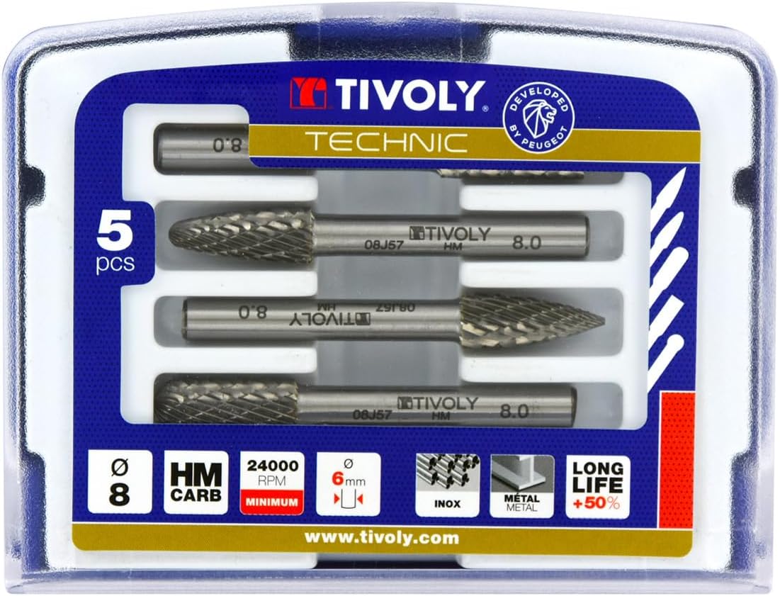 Coffret de 5 Fraises Limes Ø8 mm pour Métaux - Queue Cylindrique Ø6 mm - Tête Carbure de Tungstène - Denture Brise-Copeaux Unique