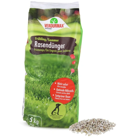 Verdurmax 5 kg d'engrais pour gazon Printemps & Été – Engrais à libération prolongée avec azote pour 250 m² de gazon vert luxuriant – Sans danger pour les chiens – Compatible avec épandeur 1 x 5 kg