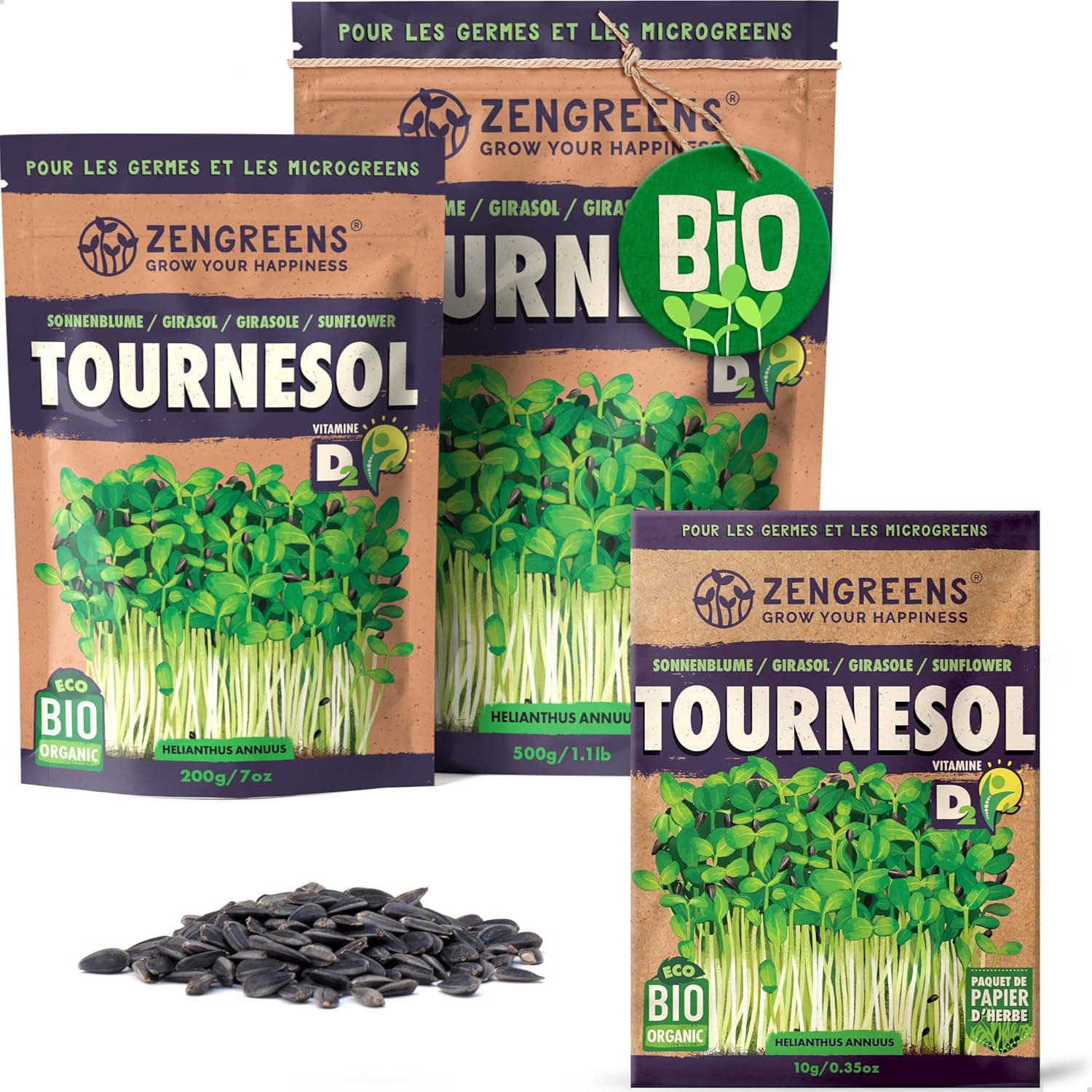 ZenGreens® - Graines de tournesol bio - Choisissez entre 10g, 200g et 500g - Graines de tournesol avec un taux de germination supérieur à 97% - Microgreens 500 g (Lot de 1) Graines de tournesol bio