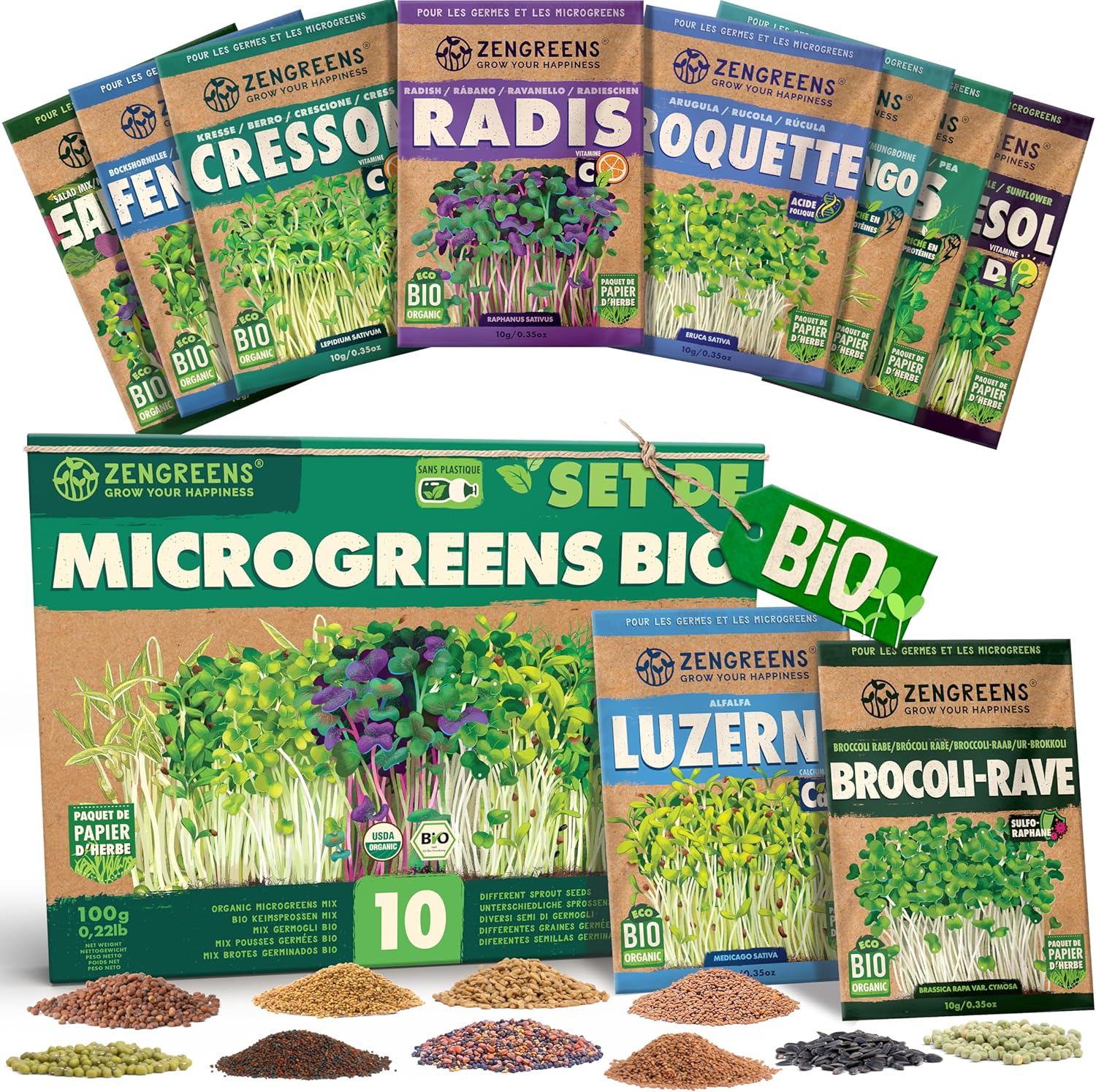 ZenGreens® - Graines germées bio en Kit de 10 - Graines germées - Culture facile en pot ou en terrine - Paquet d'essai - 10 variétés différentes - Microgreens Samen Mix - Lot de 10 10x Germes (Classique)