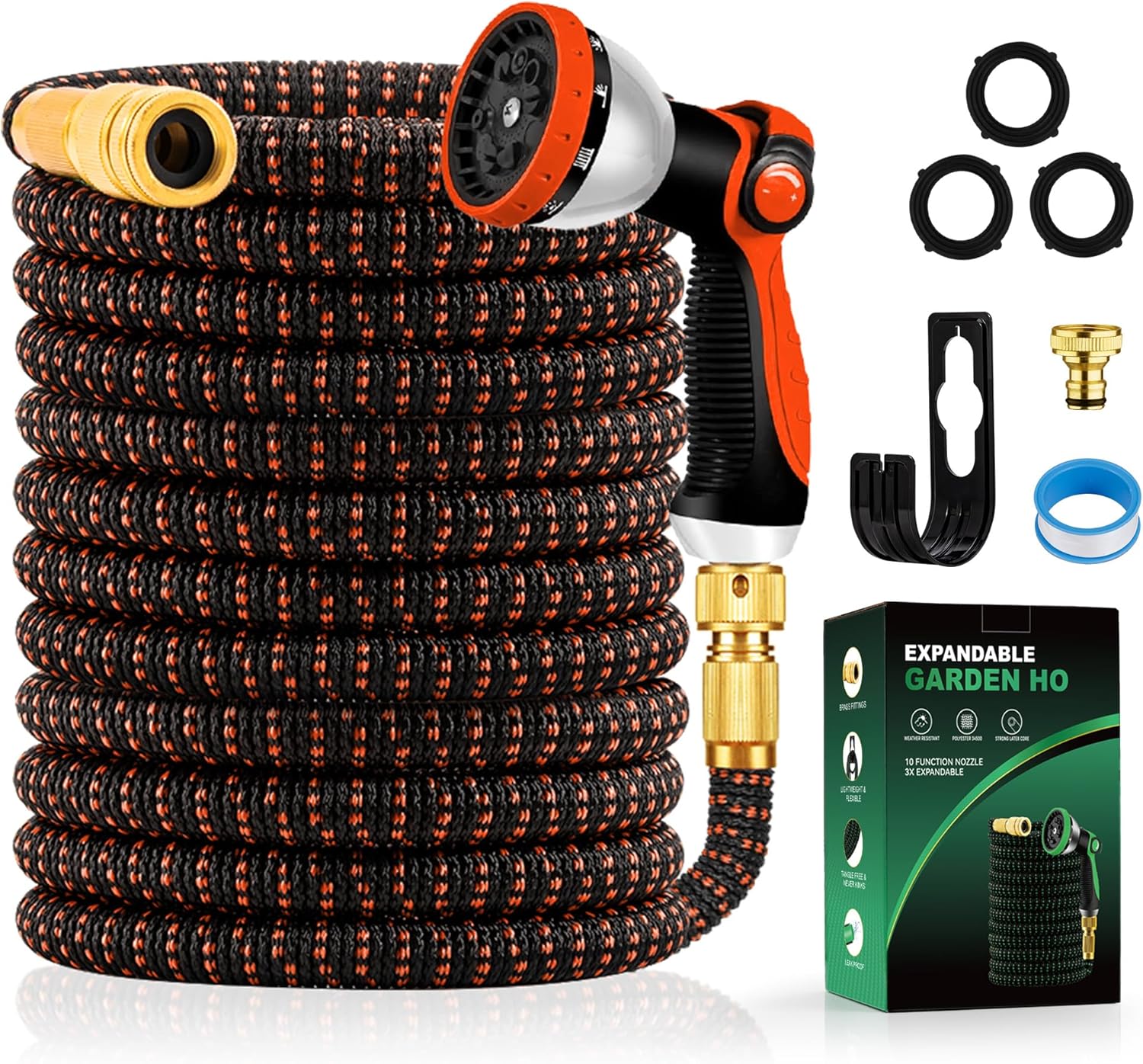 Tuyau d'Arrosage Extensible 30m/100Ft avec 10 Modèles de Pulvérisation Convient aux Robinets de 1/2" et 3/4" Raccords en Métal Durables pour Jardin, Arrosage, Nettoyage 30m Noir Orange