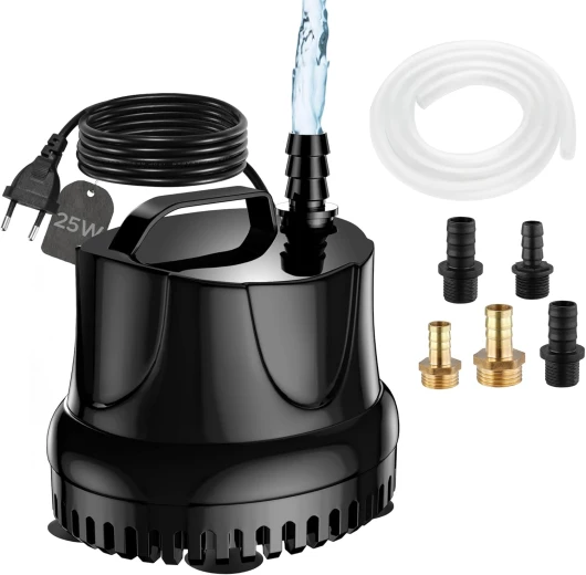 Pompe à Eau Submersible 25W, 1500 L/H Pompe à Eau Ultra Silencieuse Pompe de Bassin Submersible pour Bassin, Fontaine de Jardin Aquarium avec 5 Buses 1.5M Tuyau Flexible Transparent 25W 1500L/H-5 Buses avec Tuyau