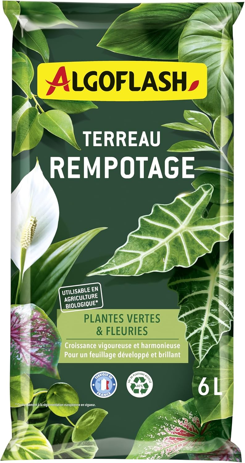 Agloflash Terreau Rempotage, Plantes Vertes et Plantes Fleuries, Utilisable en Agriculture Biologique - 6L, Beige