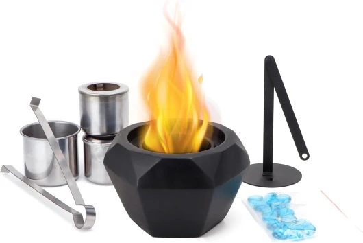 Bassin de Feu Diamant en Béton Noir, sans Fumée avec Pierres Colorées Ambiantes, Cheminée Portable à Bioéthanol pour Jardin, Balcon, Intérieur