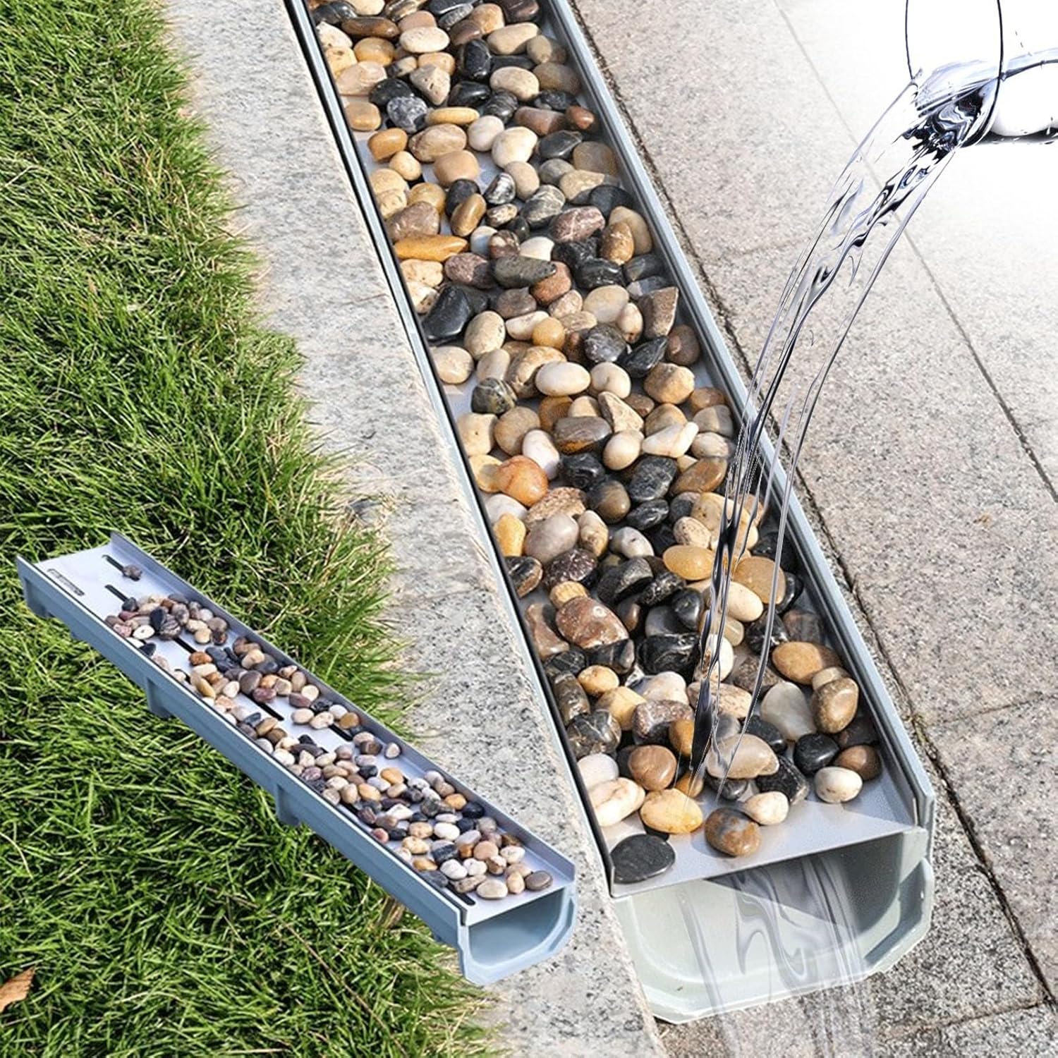 Caniveau Exterieur Kit de Grille de Caniveau pour Allée, Caniveau de Drainage Extérieur en Béton, Plaque de Recouvrement pour Siphon de Sol de 10/15/20/25 Cm de Large, Bassin D'évacuation Français en 20x15x100cm(7.8x6x39in)