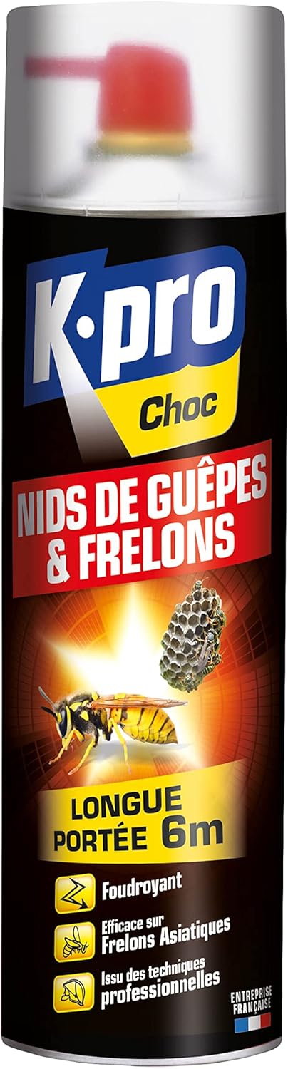 K.PRO Choc - Spray Aérosol Nid de Guêpes et Frelons - Détruit à Distance les Nids - Efficace sur le Frelon Asiatique - Longue Portée - Jet Puissant et Ciblé - Technique Professionnelle - 500ml - 1 Nid Spray Aérosol 500ml