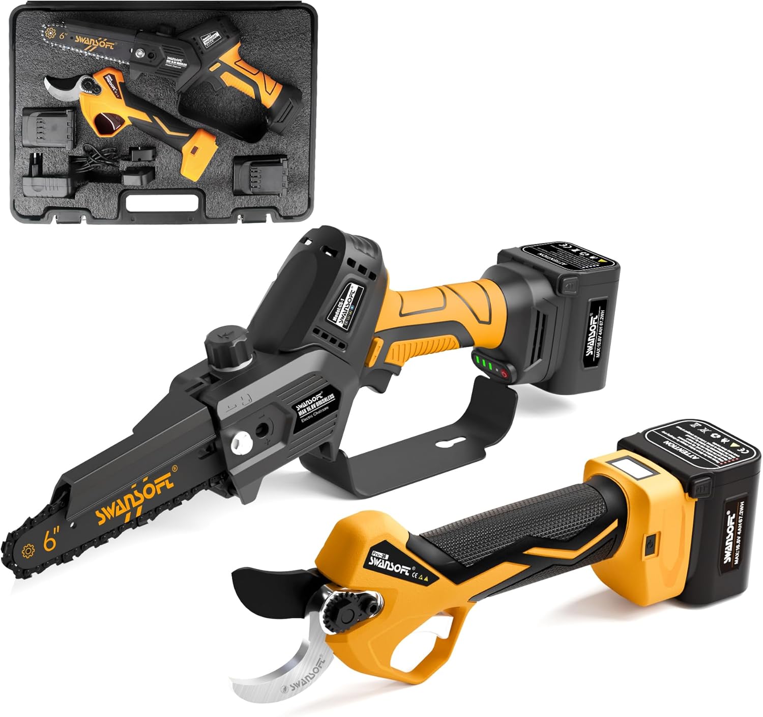 PRU36 Sécateur électrique et tronçonneuse à batterie de 6 pi avec 2 batteries de 4 Ah, kit 2 en 1, outils d'élagage de qualité professionnelle pour vignobles, vergers