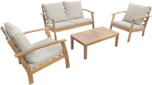Alice's Garden - Salon de Jardin en Bois 4 Places - Ushuaïa - Coussins écrus - canapé - fauteuils et Table Basse en Acacia - Design