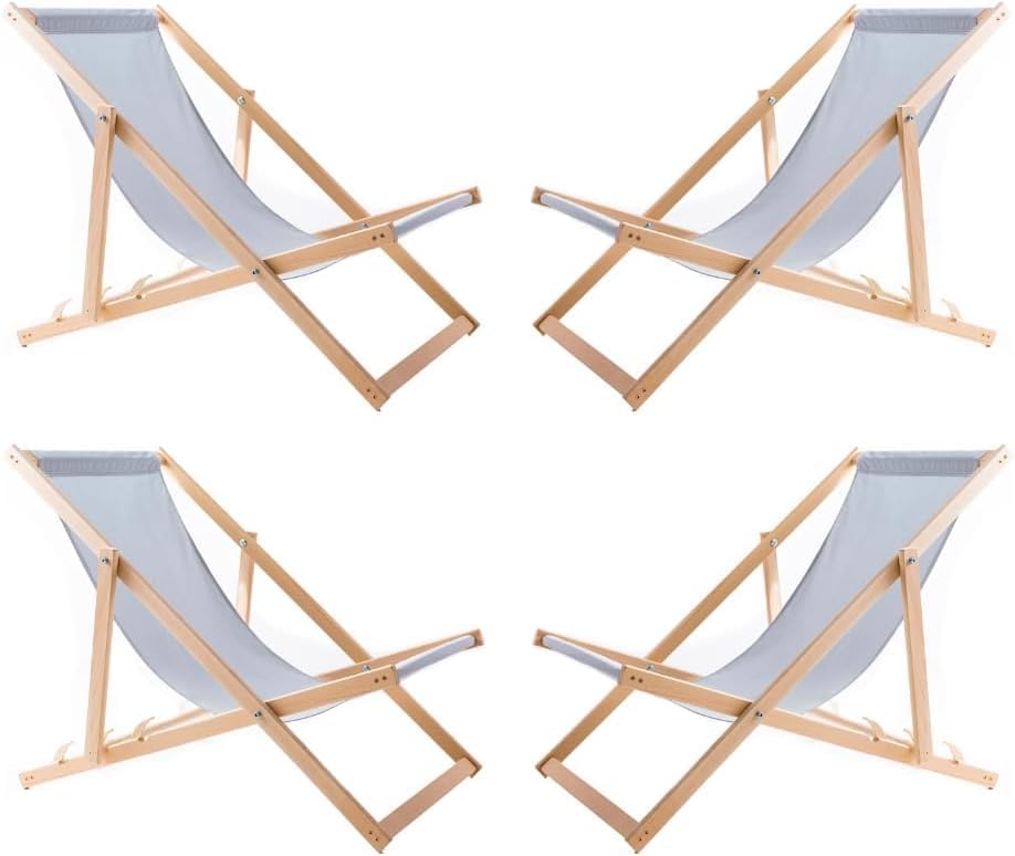 WOODOK Lot de 4 Chaises Longues Pliables en Bois – Transats de Jardin Extérieur en Hêtre, Confort Ergonomique, Réglables 3 Positions, Résistants aux Intempéries, Idéals Terrasse, Plage, Balcon 4 Chaises Longues Frêne Clair