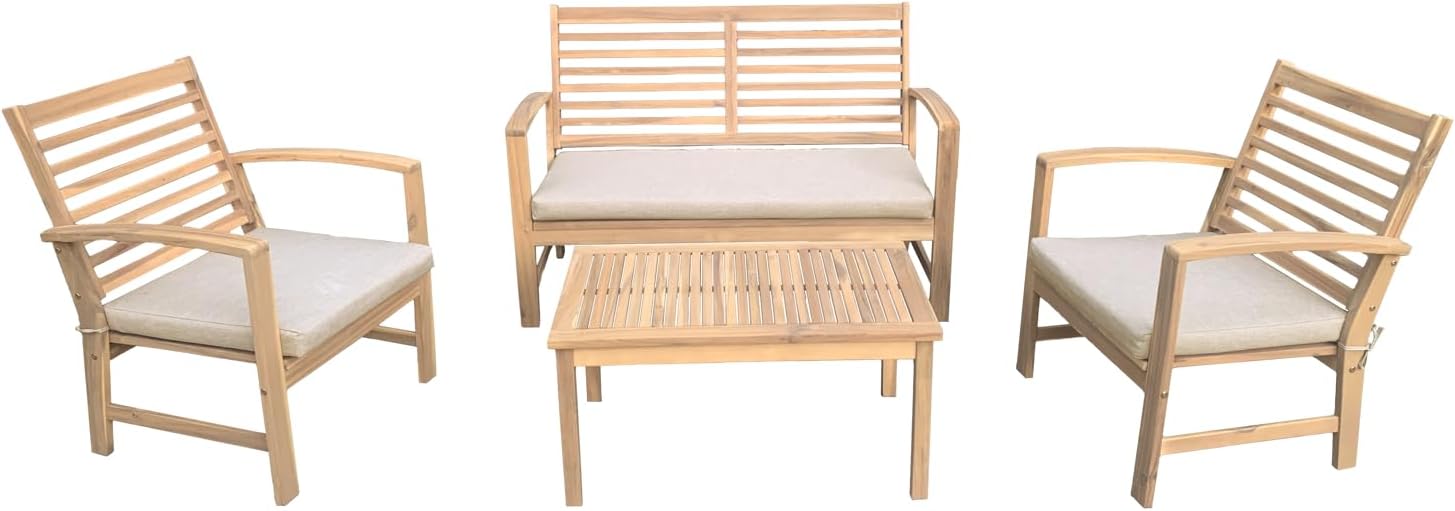 Salon de Jardin Goa en Acacia avec Coussins Sable - Ensemble canapé, fauteuils et Table Basse d'extérieur pour 4 Personnes