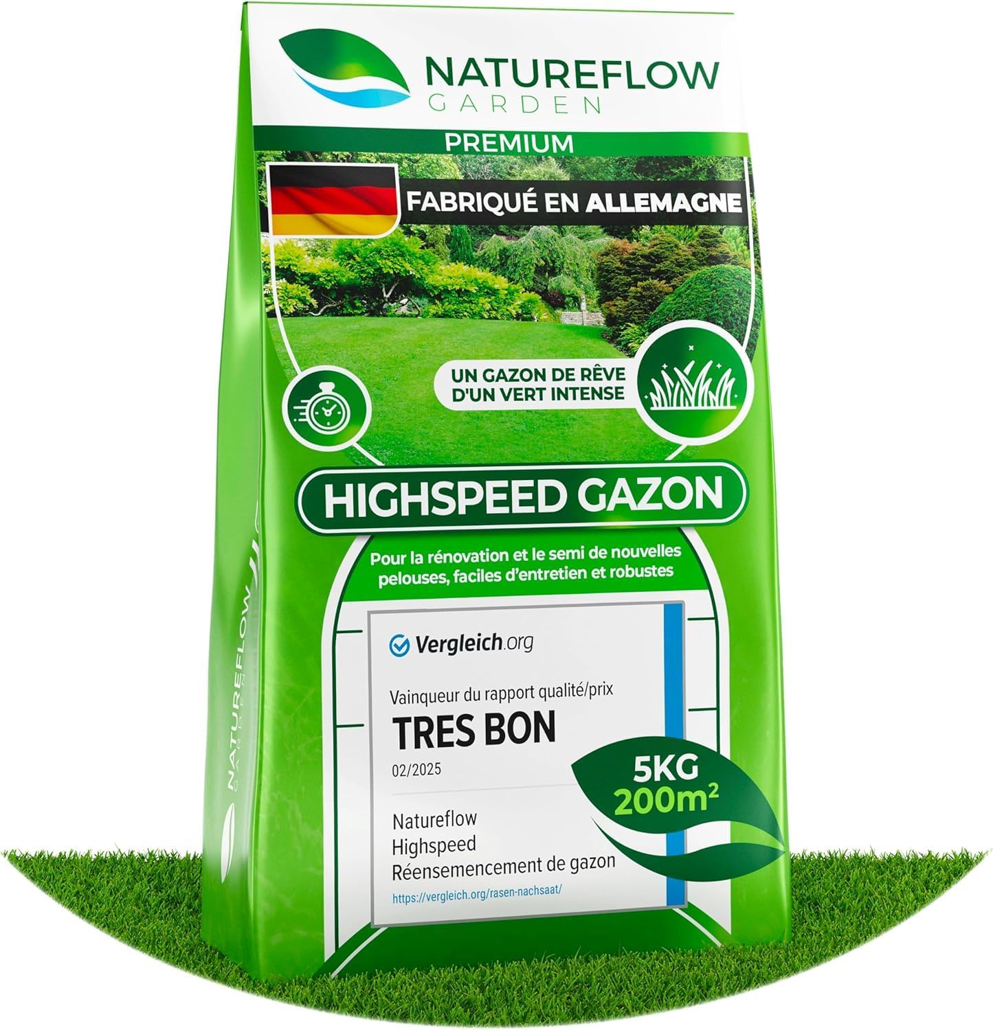 Gazon Regarnissage Rapide 5kg (200m2) - Fabriqué en Allemagne - Résistant & Autoréparation Naturelle - Pelouse Regarnissage - pelouse a semer - Semence Gazon Croissance Rapide 5kg pour 200m2