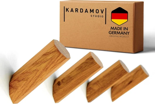 Kardamov Studio – Lot de 4 crochets en bois fabriqués à la main à Berlin, porte-manteaux modernes en chêne, patères murales minimalistes, crochet mural pour vestes (Lot de 4 Chêne)