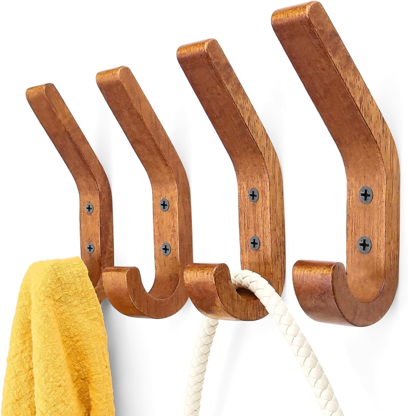 Porte manteau mural bois - Lot de 4 patères en J Couleur noyer de 155 mm, Patere murale version améliorée, bois de Chêne de qualité A, Surface polie et huilée, pour Cuisine et Chambre