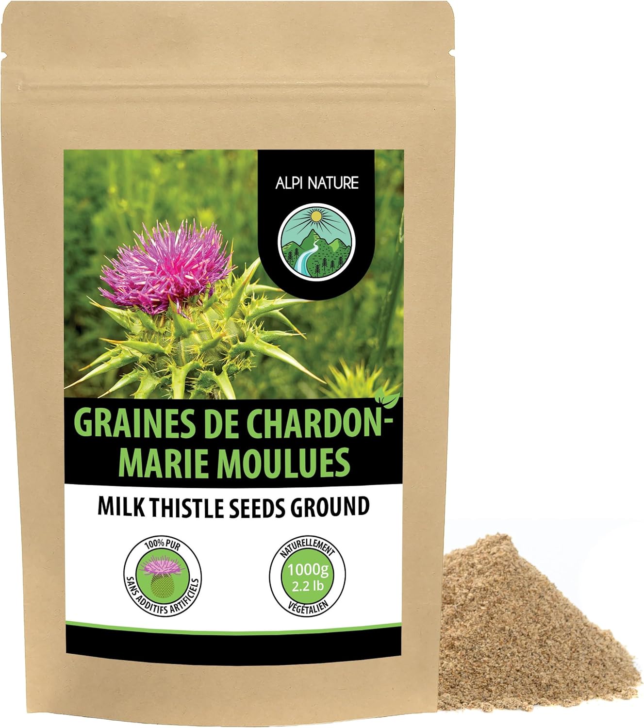 Chardon Marie Graine en Poudre 1kg, Poudre de Graines de Chardon Marie Moulues 1 kg (Lot de 1)