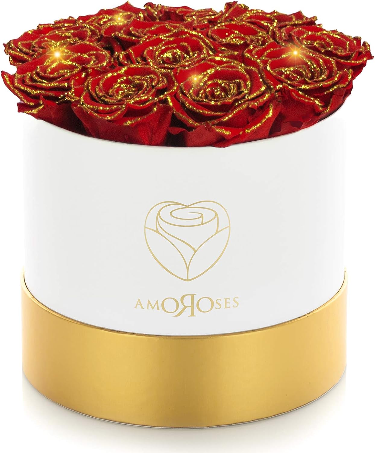 Gold Deluxe - Boîte cadeau 12 Roses Éternelles Stabilisées - Elégant Bouquet de Fleurs Véritables (Boîte Blanche avec Roses Rouges Paillettes Or)