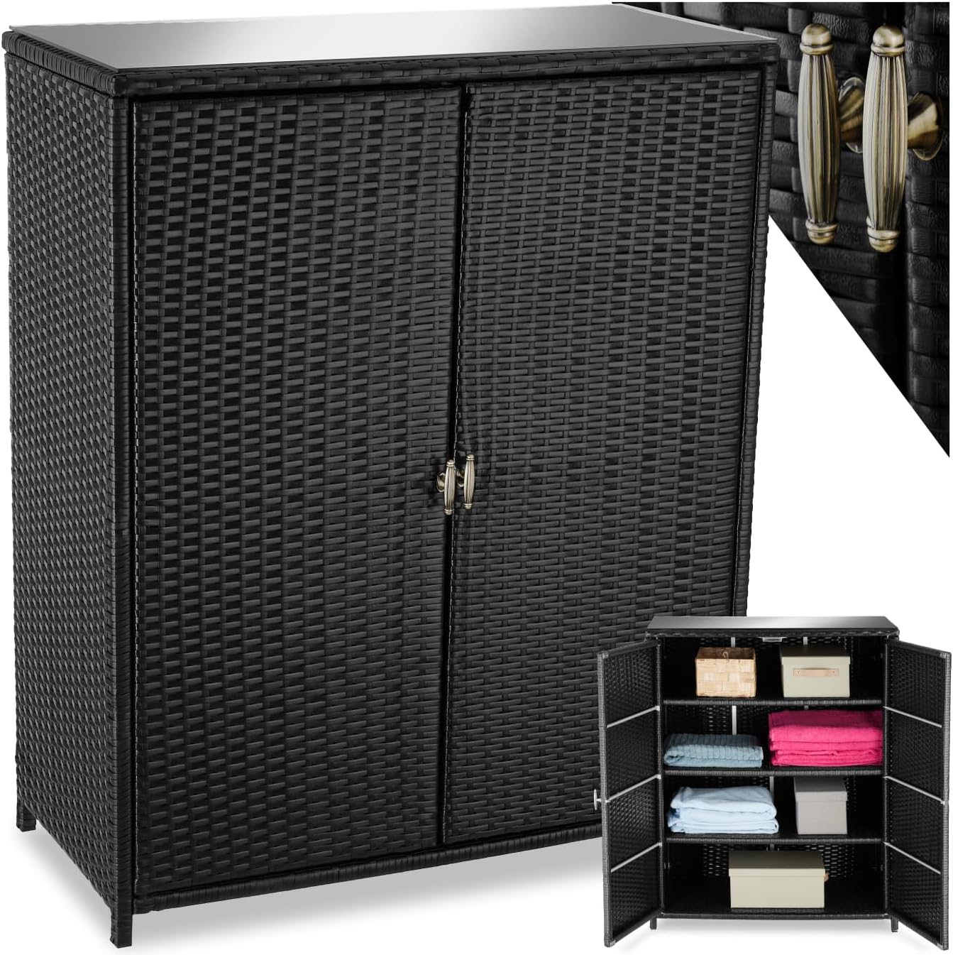 ® Armoire de Jardin Abri de Jardin en Résine tressée & Aluminium Inoxydable Solide, avec 2 Portes battantes, Remise pour Outils de Jardinage 3 étagères Accessoires de Piscine Jouets Enfants