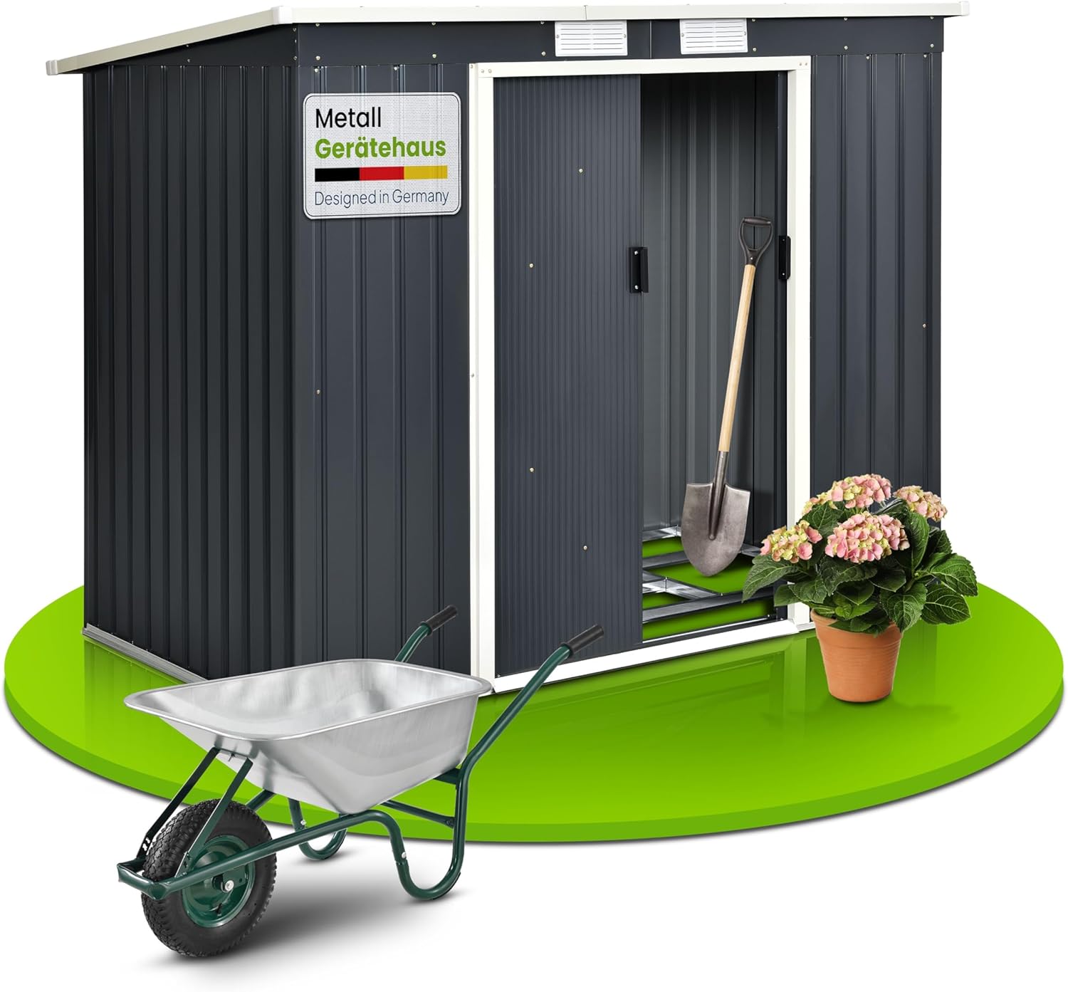 Abri à Outils en métal de 4m³ avec Toit en Pente, Porte coulissante et Fondation - 213×130×173cm - Abri de Jardin en Acier Abri à Outils (Gris)(M)