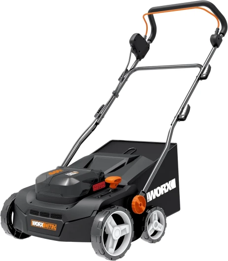 Scarificateur et aérateur sans Fil 40V WG855E.9, Jusqu'à 400m² sur Une Charge, diamètre de 36cm, Sac de 40L, Rouleau d'aération, Rouleau de Scarification, Livré sans Batterie ni Chargeur