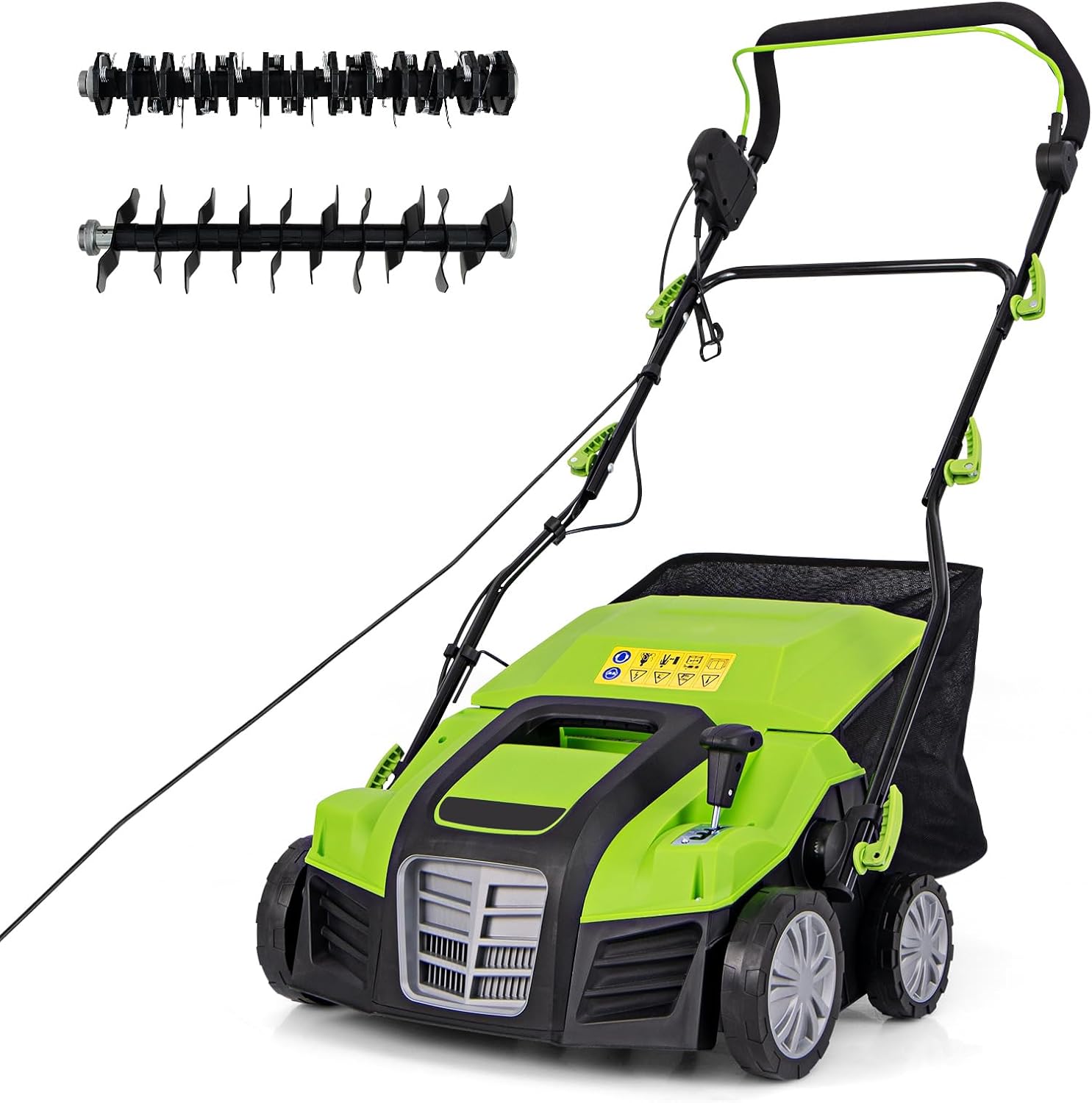 2-EN-1 Scarificateur Aérateur Électrique 2000W jusqu'à 400m² avec Bac de Ramassage 55L, Profondeur&Hauteur Réglable,Verrou de sécurité pour Gazon Sol (55L-2000W,Vert) 55L-2000 Watts Vert