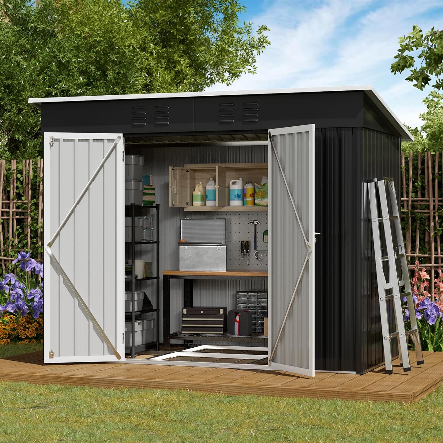 Amopatio Abri de Jardin avec Toit en Pente - 228 x 109 x 182 cm (l x p x h) - Abri de Jardin en métal galvanisé avec Cadre de Fondation - Noir 4 x 8 ft Noir