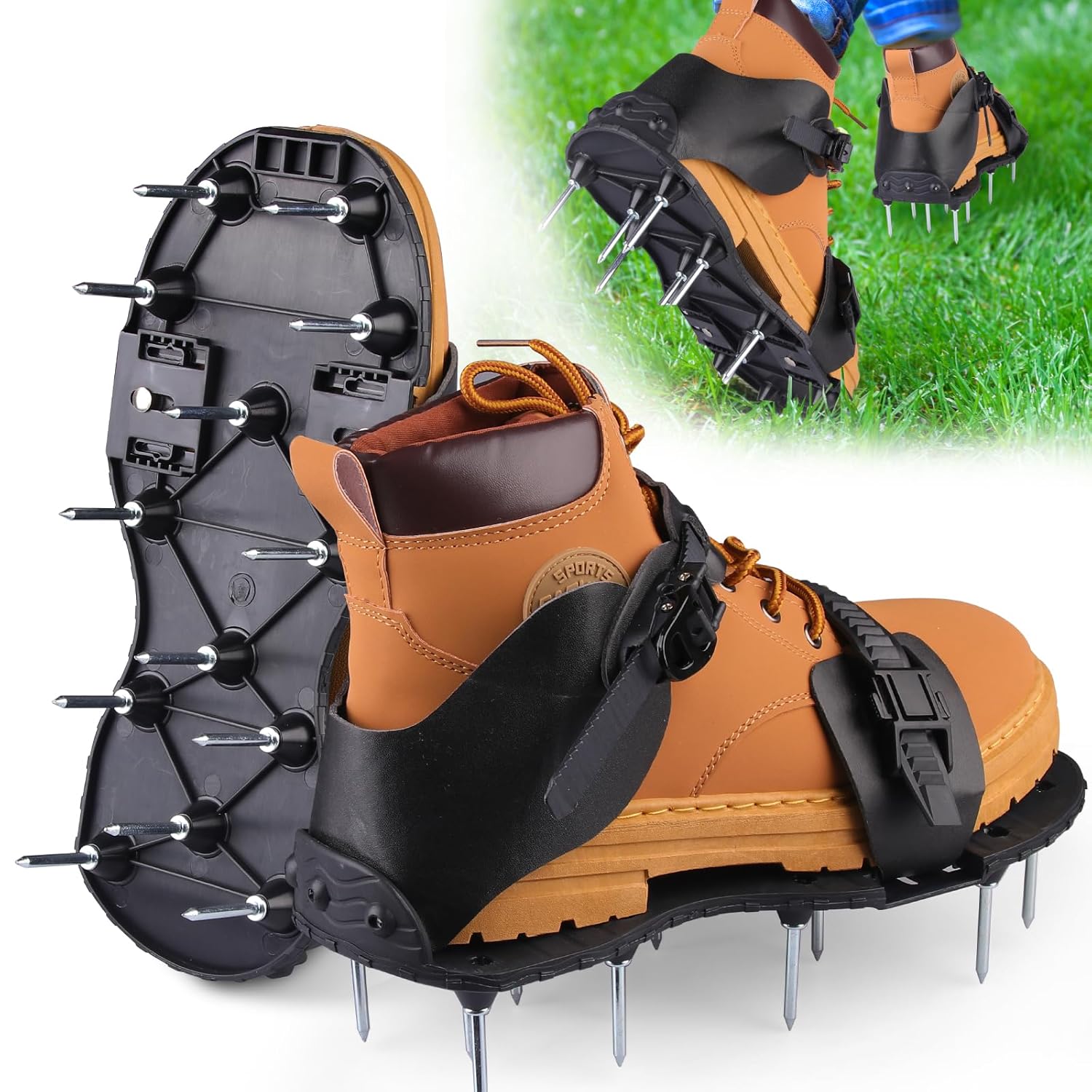 Inoamity Chaussures Aérateur de Gazon Professionnelles avec Semelles à Clous en Acier - Sandales Réglables en Cuir PU Antidérapantes pour Aération du Sol, Jardinage Familial et Entretien des Pelouses