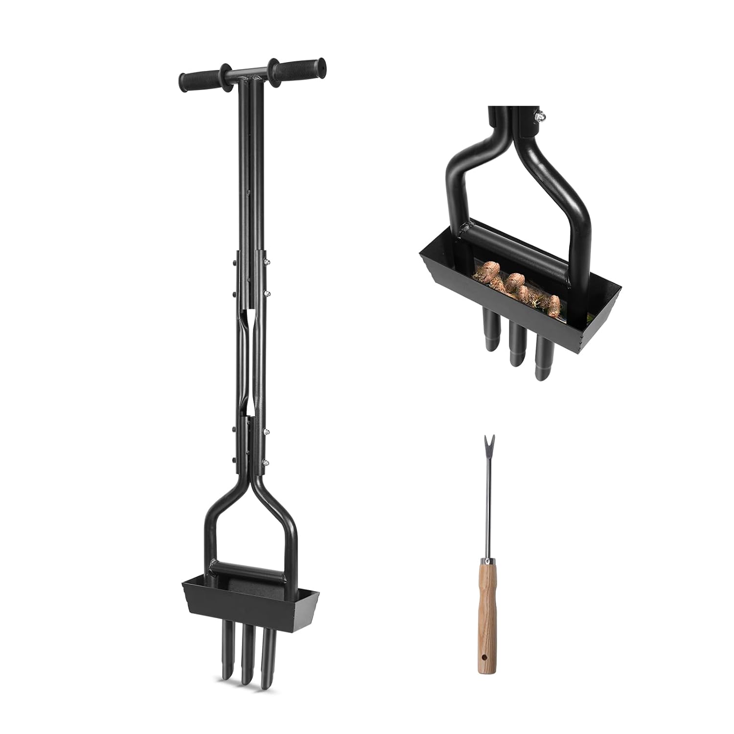 HYCHIKA Aérateur de Gazon avec cuillère Creuse et Plateau de Rangement, Aérateur de Gazon avec poignée en T, Scarificateur de Gazon Manuel, Aérateur de Gazon