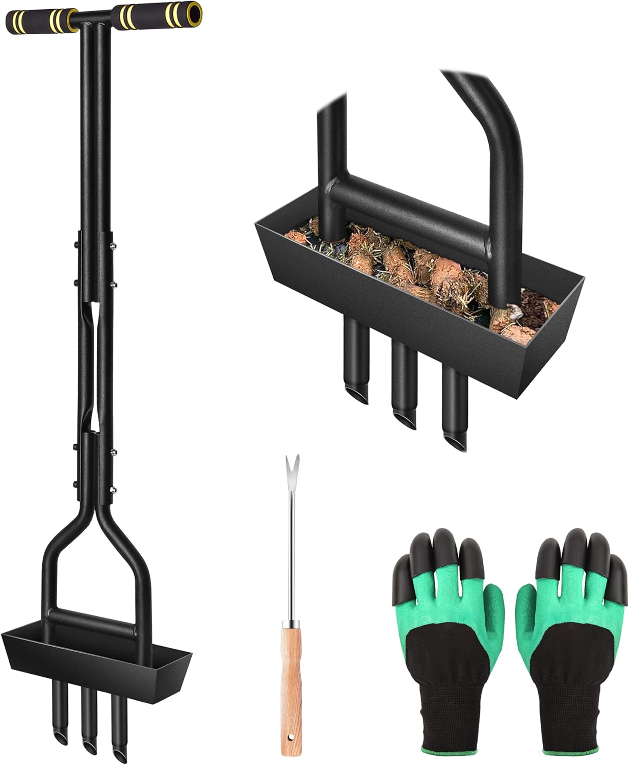 IEEILULU Aérateur de Pelouse, Aérateurs de Gazon Manuels avec Plateau de Rangement et Poignée en T, Aérateur Carottage Pelouse avec Outil et Gants pour l'entretien du Jardin et de la Cour