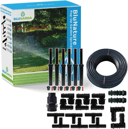 BluNature Arroseurs de Pelouse - Pop Up - Système Arrosage Irriguer pour Gazon Jardin - Kit de Système Irrigation avec Têtes de Pulvérisation, Convient pour Les Surfaces jusqu'à 70m2