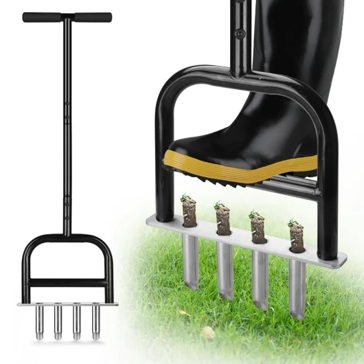 Inoamity Aérateur de Gazon Manuel 4 Trou en Acier Inoxydable - Aérateur de Pelouse pour Pelouse Saine avec Pédale, Aérateur Manuel pour Jardin Familial & Espaces Verts