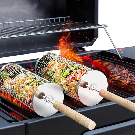 Ivtivfu Panier à Barbecue Roulant, Poignée Détachable, Acier Inoxydable 304, Gigogne, Accessoires Grille à Legumes, Ustensiles Grill de Cuisine Exterieur Camping, Cadeau Anniversaire Homme Papa 2 Rond