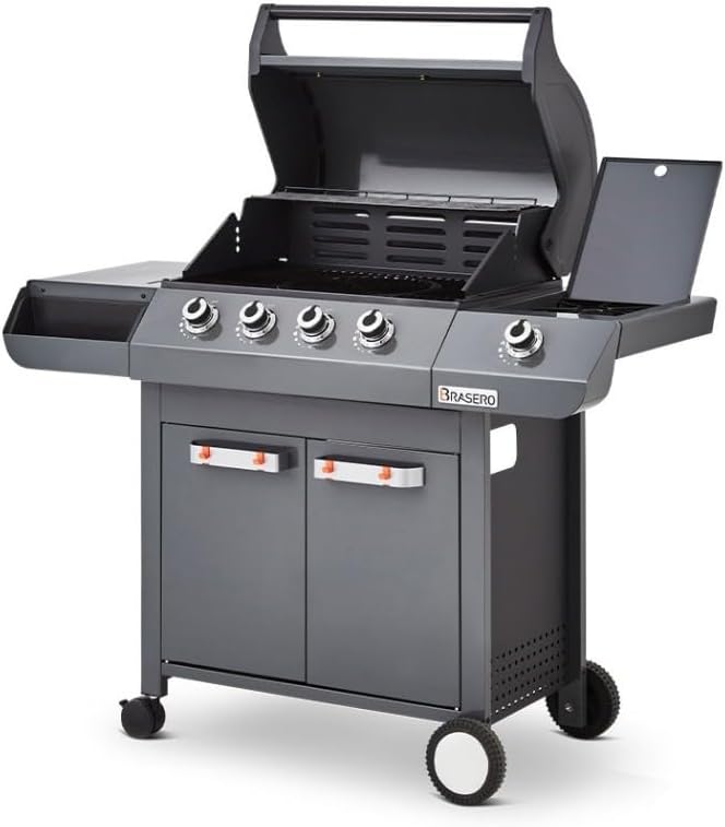 Barbecue Emma Gun Metal 4 Feux + 1 Side - FlexiGrill - Jusqu'à 12 convives - Surface de Cuisson 64 x 41,5 cm - 2 Tablettes Dont 1 brûleur latéral - 15,1 KW