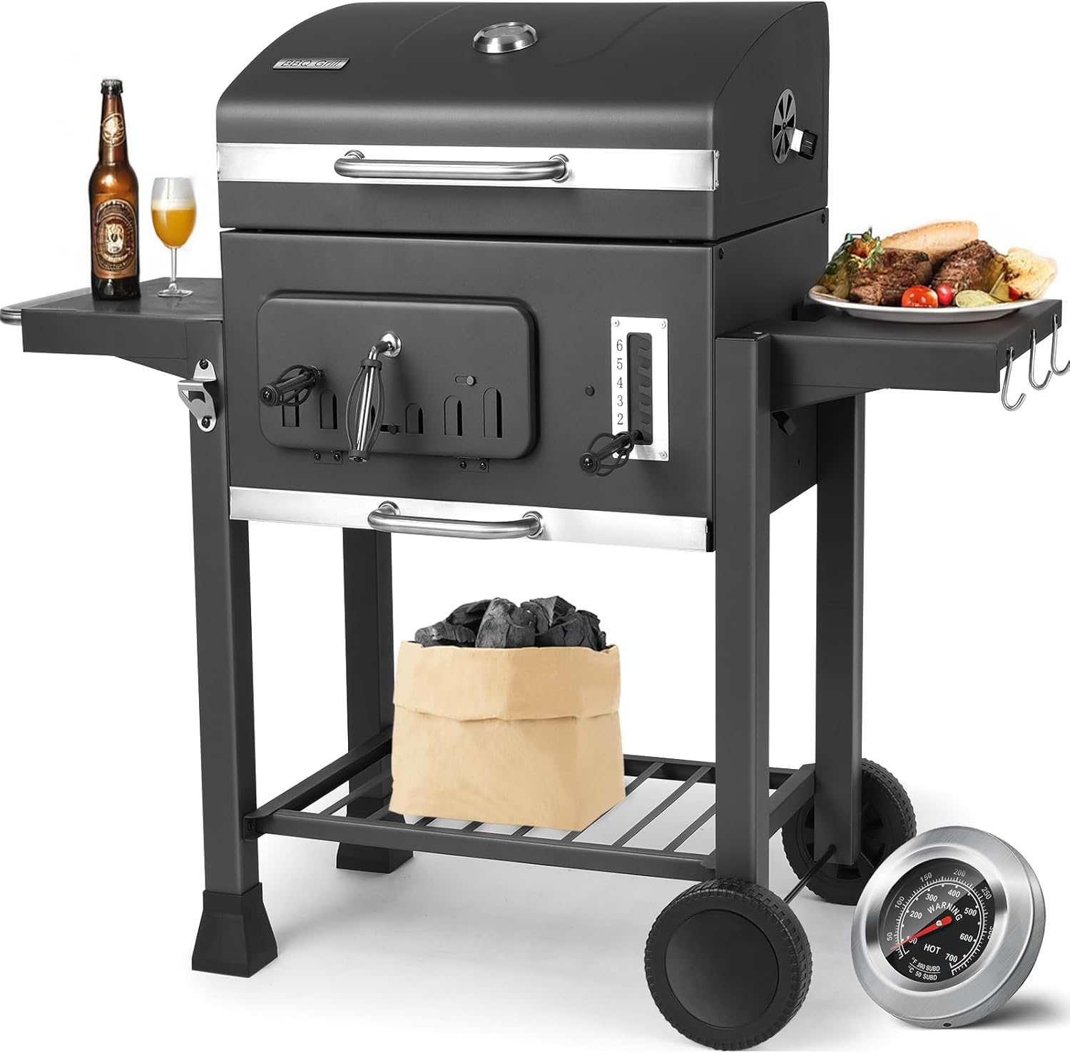 Barbecue Charbon de Bois, Chariot à Barbecue XXL, Grand Grill à Charbon avec Couvercle, 2 Tables d'Appoint, 2PCS Roues, Thermomètre, BBQ Fumoir pour Camping et Jardin, Gris XXL Gris