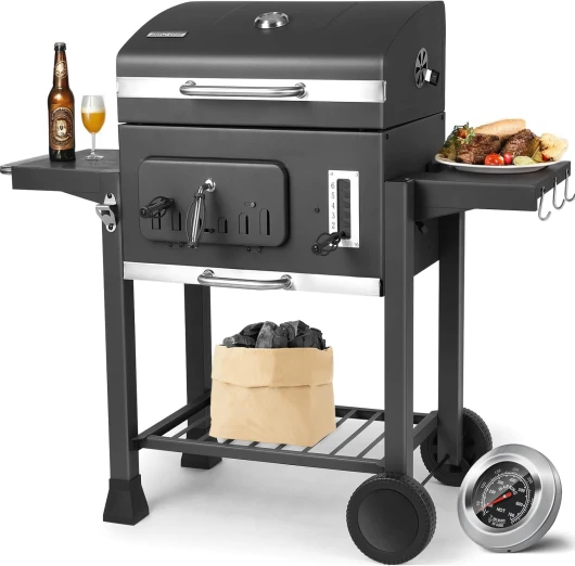 Barbecue Charbon de Bois, Chariot à Barbecue XXL, Grand Grill à Charbon avec Couvercle, 2 Tables d'Appoint, 2PCS Roues, Thermomètre, BBQ Fumoir pour Camping et Jardin, Gris XXL Gris